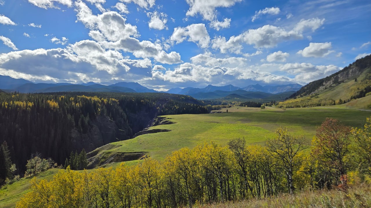 Sweeping view of an Alberta Rockies valley in early fall
