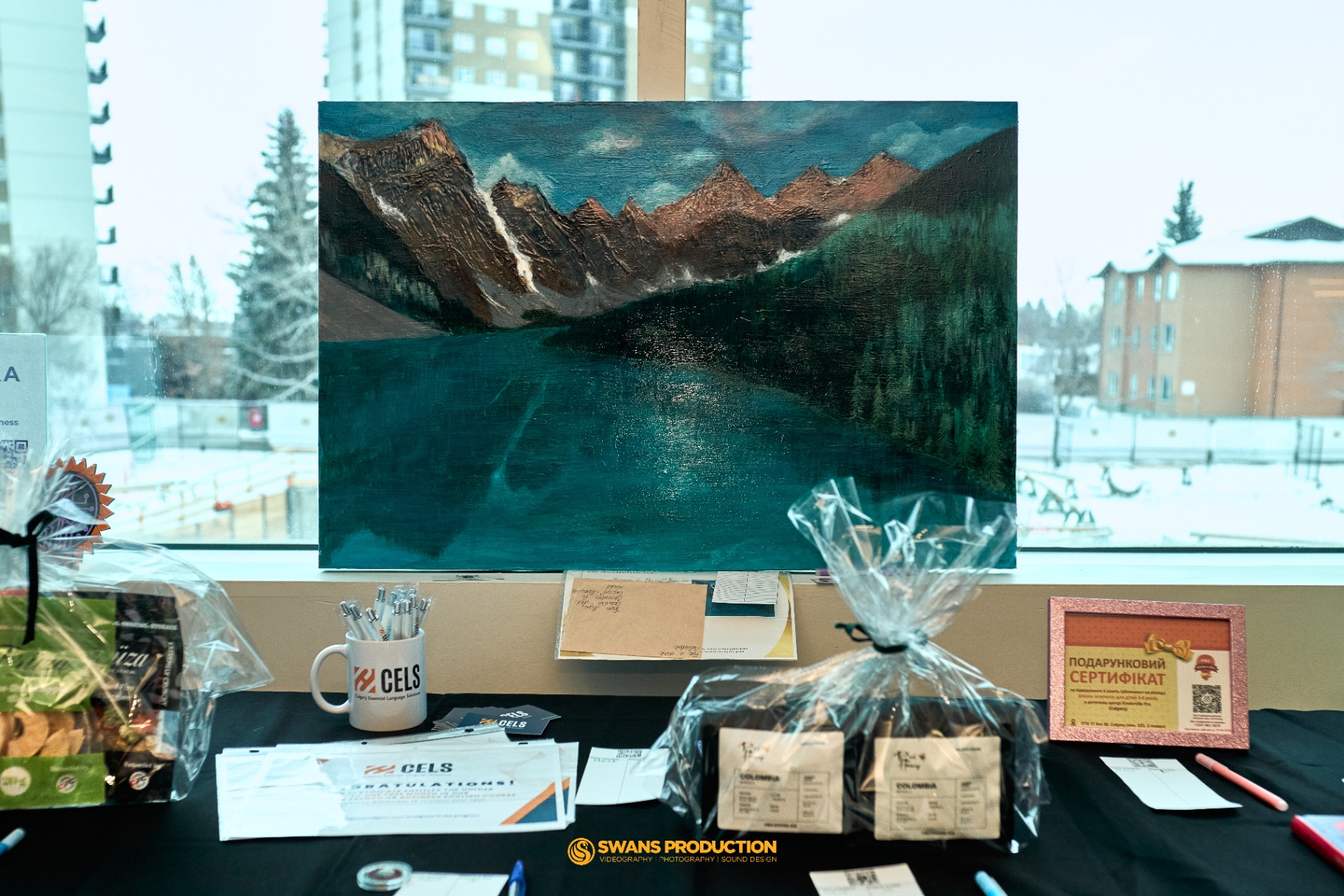 Hand-painted mountain landscape donated to the silent auction at the Christmas charity event