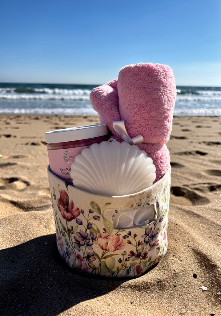 Floral gift basket on the sand with ocean and blue sky behind