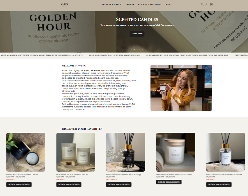 VI•RO Products website homepage showcasing scented candles and collection
